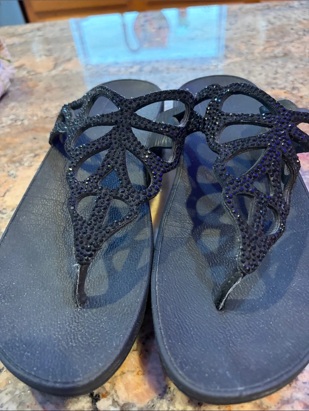 Black Rhinestone Thong Sandals for Women - Sparkle Accent